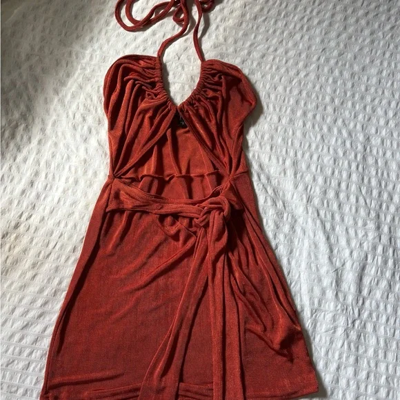 princess polly baby blue dress A Line Halter V Neck Backless Burgundy Satin High Slit Long Prom Dresses  with Train, Burgundy Formal Dresses, Evening Dresses main image 1